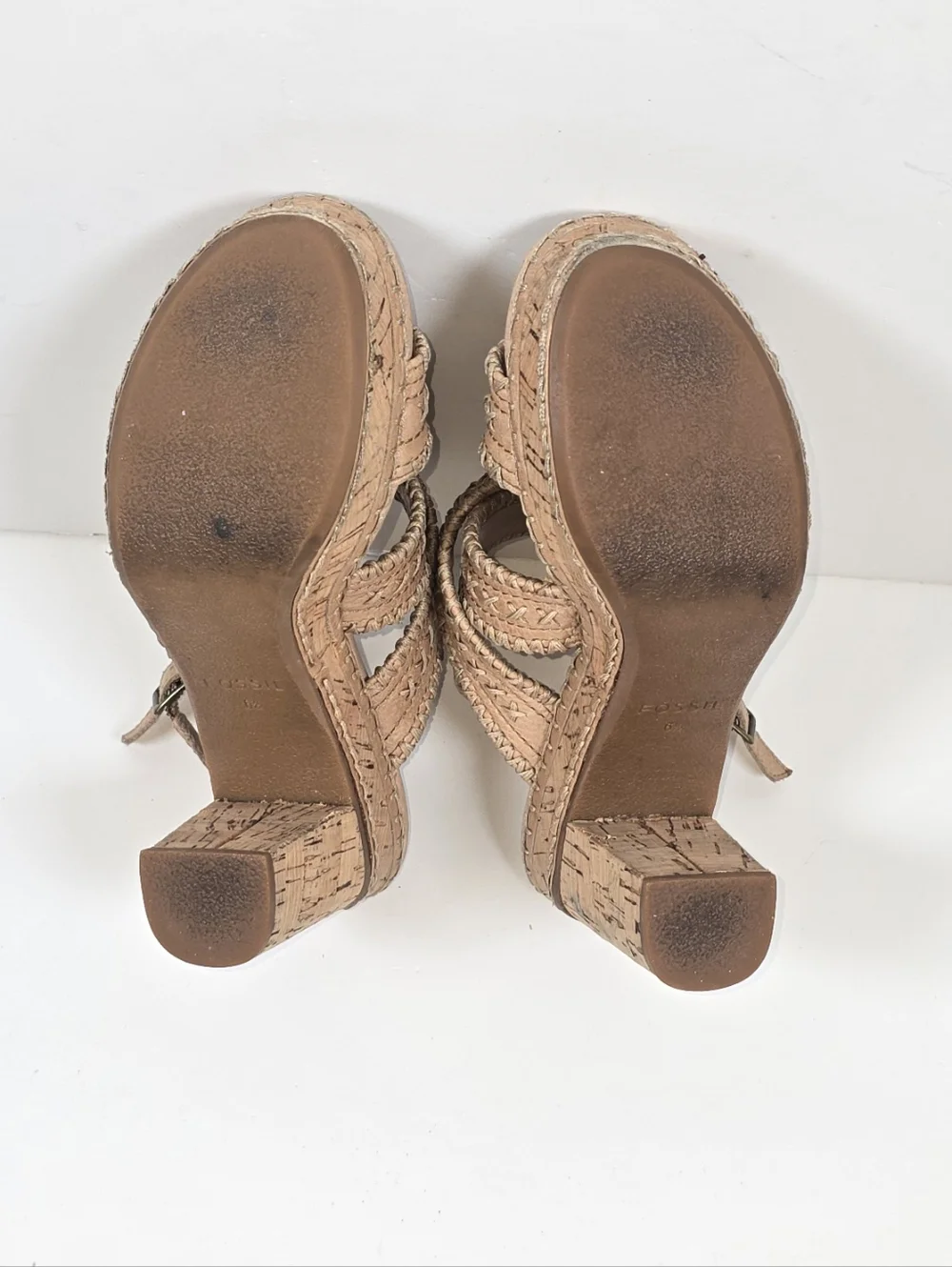 Fosil Cork Platform Sandals Tan Leather Cross-Stitch Block Heel Women’s Sz 6.5 - Picture 10 of 12